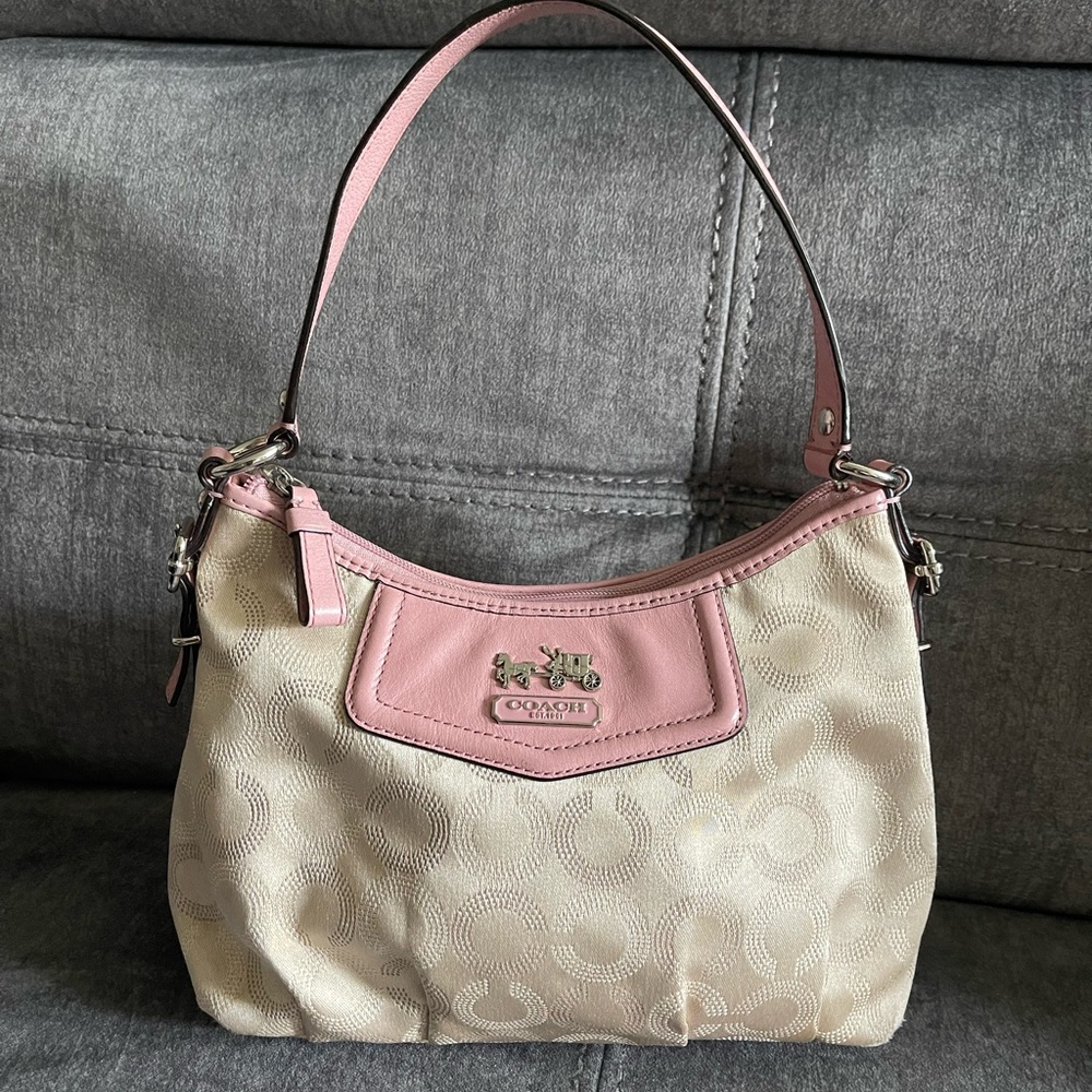 Coach Cream Signature Hobo with Pink Leather Trim